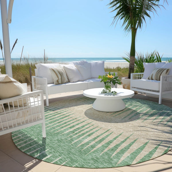 Homeroots 3' Artichoke Green Beige Brown Striped Washable Rug - Perfect For Indoor And Outdoor Spaces 8' Round Polyester 592259