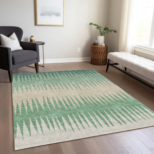 Homeroots 3' Artichoke Green Beige Brown Striped Washable Rug - Perfect For Indoor And Outdoor Spaces 9' X 12' Polyester 592261