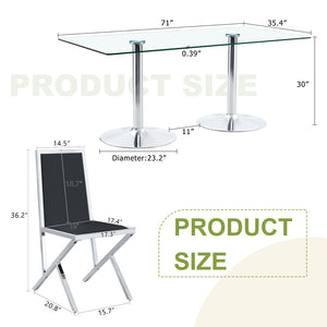 English Elm Table and Chair Set 10 Seat Tempered Glass Dining with Silver Metal Frames Black+Silver W1151S04769