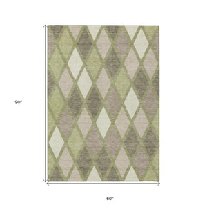 Homeroots 3' Stylish Artichoke Green Beige Ivory Geometric Washable Area Rug For Indoor And Outdoor Use 5' X 8' Polyester 592276