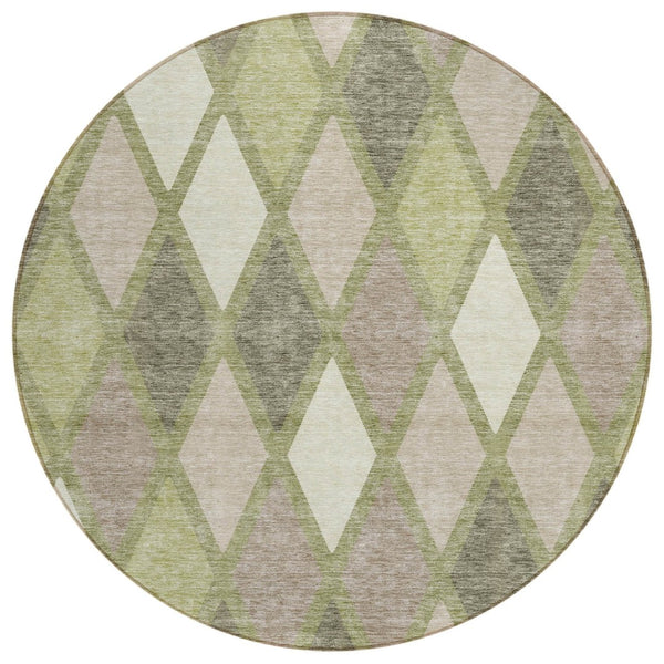 HomeRoots 5' Geometric Artichoke Green Beige Ivory Area Rug - Stylish, Durable, Washable for Indoor & Outdoor Use 8' Round 592277