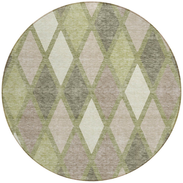 Homeroots 3' Stylish Artichoke Green Beige Ivory Geometric Washable Area Rug For Indoor And Outdoor Use 8' Round Polyester 592277