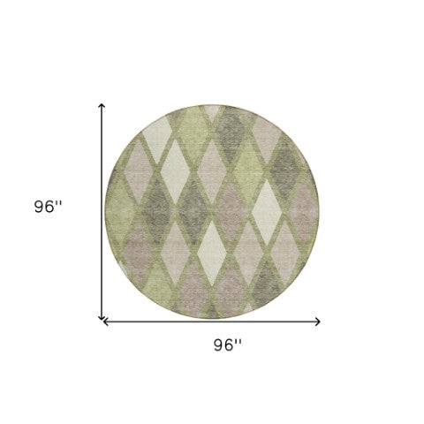Homeroots 3' Stylish Artichoke Green Beige Ivory Geometric Washable Area Rug For Indoor And Outdoor Use 8' Round Polyester 592277