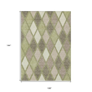 Homeroots 3' Stylish Artichoke Green Beige Ivory Geometric Washable Area Rug For Indoor And Outdoor Use 9' X 12' Polyester 592279