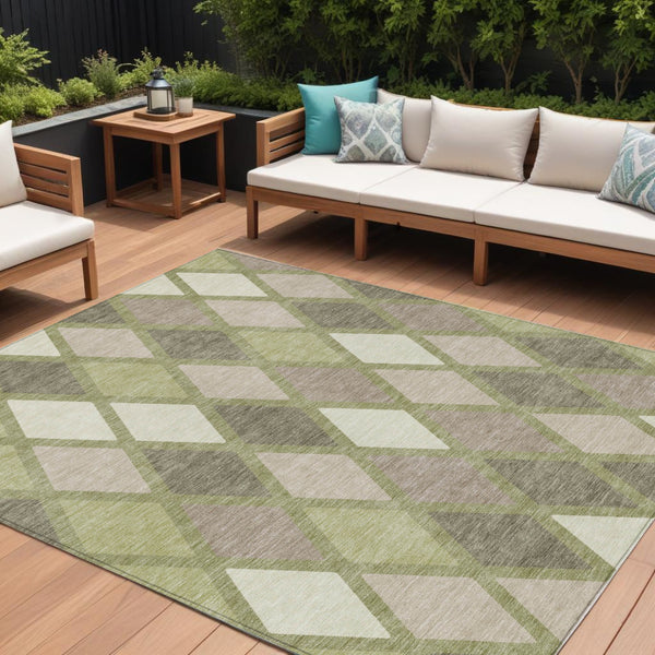 Homeroots 3' Stylish Artichoke Green Beige Ivory Geometric Washable Area Rug For Indoor And Outdoor Use 9' X 12' Polyester 592279
