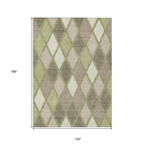 Homeroots 3' Stylish Artichoke Green Beige Ivory Geometric Washable Area Rug For Indoor And Outdoor Use 10' X 14' Polyester 592280