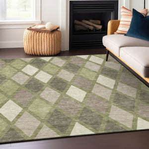 Homeroots 3' Stylish Artichoke Green Beige Ivory Geometric Washable Area Rug For Indoor And Outdoor Use 10' X 14' Polyester 592280