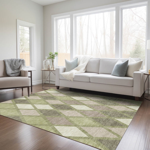 Homeroots 3' Stylish Artichoke Green Beige Ivory Geometric Washable Area Rug For Indoor And Outdoor Use 10' X 14' Polyester 592280