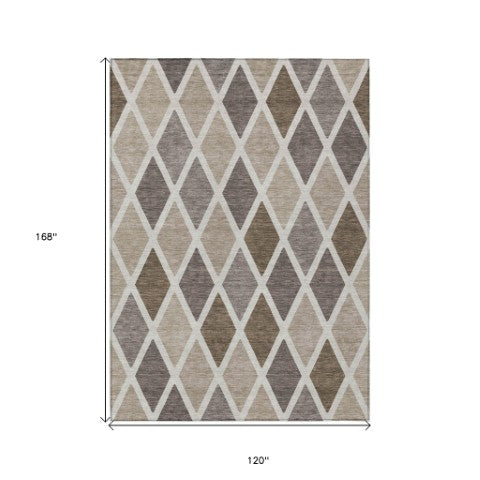 Homeroots 3' Stylish Artichoke Green Beige Ivory Geometric Washable Area Rug For Indoor And Outdoor Use 10' X 14' Polyester 592286
