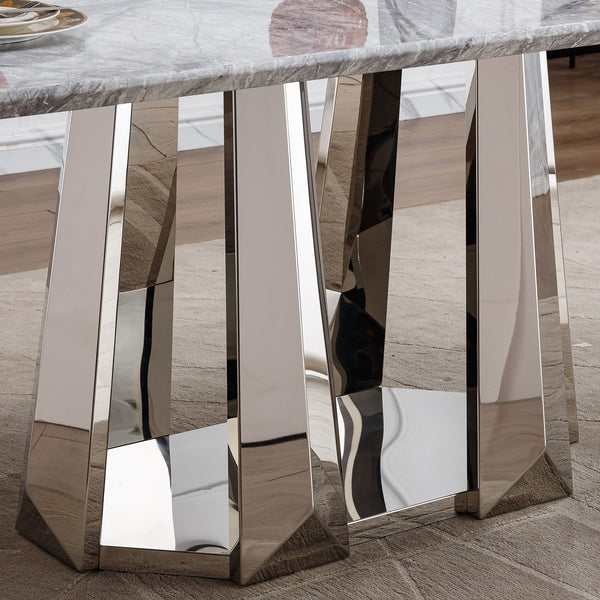 English Elm Marble Dining Table For 6-8 People, 70'' Rectangle Faux Marble Top With Stylish Chrome Base Finish W3456S00013