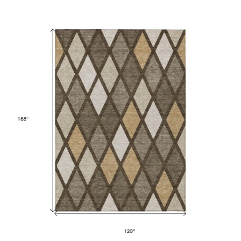 Homeroots 3' Stylish Artichoke Green Beige Ivory Geometric Washable Area Rug For Indoor And Outdoor Use 10' X 14' Polyester 592298