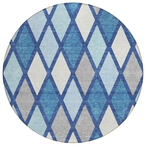HomeRoots 5' Geometric Indoor Outdoor Area Rug in Navy, Sky Blue & Ivory - Stain-Resistant, Machine Washable! 8' Round 592319