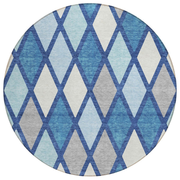 HomeRoots 5' Geometric Indoor Outdoor Area Rug in Navy, Sky Blue & Ivory - Stain-Resistant, Machine Washable! 8' Round 592319