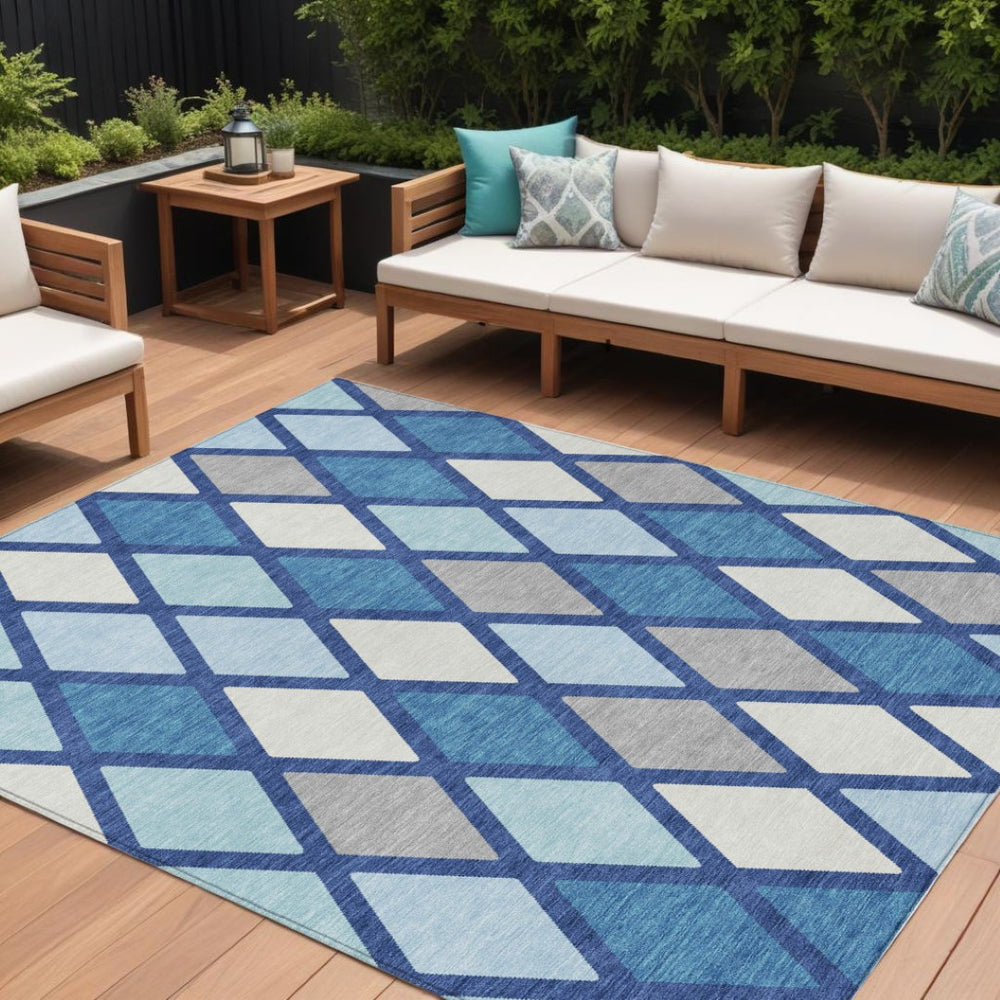 HomeRoots 5' Geometric Indoor Outdoor Area Rug in Navy, Sky Blue & Ivory - Stain-Resistant, Machine Washable! 8' X 10' 592320