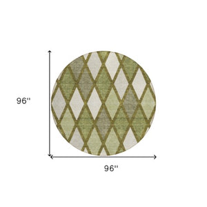 Homeroots 3' Stylish Artichoke Green Beige Ivory Geometric Washable Area Rug For Indoor And Outdoor Use 8' Round Polyester 592325