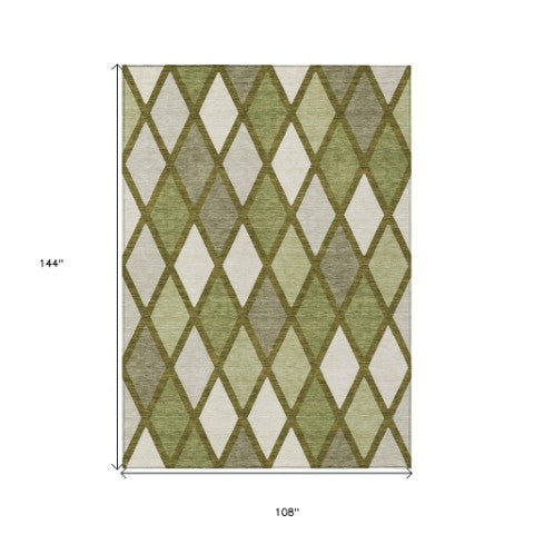 Homeroots 3' Stylish Artichoke Green Beige Ivory Geometric Washable Area Rug For Indoor And Outdoor Use 9' X 12' Polyester 592327