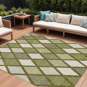 Homeroots 3' Stylish Artichoke Green Beige Ivory Geometric Washable Area Rug For Indoor And Outdoor Use 9' X 12' Polyester 592327