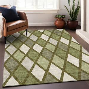 Homeroots 3' Stylish Artichoke Green Beige Ivory Geometric Washable Area Rug For Indoor And Outdoor Use 9' X 12' Polyester 592327