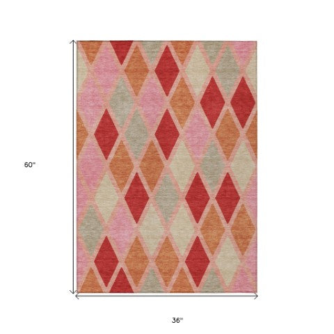 Homeroots 3' Stylish Artichoke Green Beige Ivory Geometric Washable Area Rug For Indoor And Outdoor Use 3' X 5' Polyester 592329