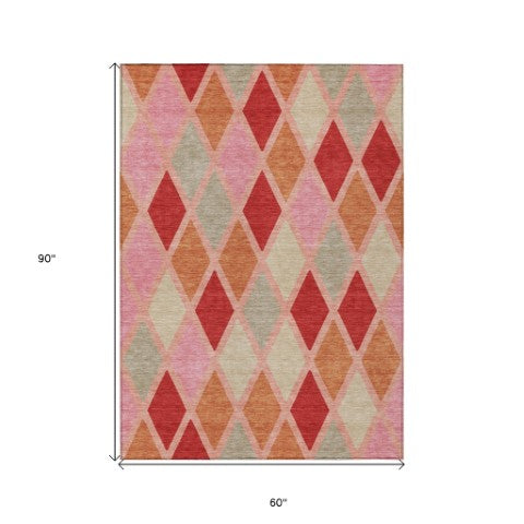 Homeroots 3' Stylish Artichoke Green Beige Ivory Geometric Washable Area Rug For Indoor And Outdoor Use 5' X 8' Polyester 592330