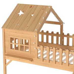 English Elm Twin Playhouse Loft Bed Solid Pine Frame with Slide Led Lights and Star Roof Natural W5316S00002
