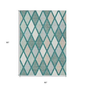 Homeroots 3' Stylish Artichoke Green Beige Ivory Geometric Washable Area Rug For Indoor And Outdoor Use 5' X 8' Polyester 592342