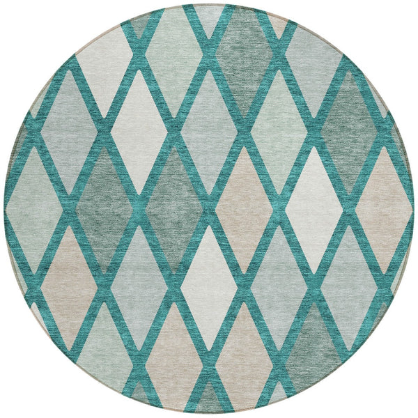 Homeroots 3' Stylish Artichoke Green Beige Ivory Geometric Washable Area Rug For Indoor And Outdoor Use 8' Round Polyester 592343