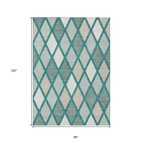 Homeroots 3' Stylish Artichoke Green Beige Ivory Geometric Washable Area Rug For Indoor And Outdoor Use 8' X 10' Polyester 592344