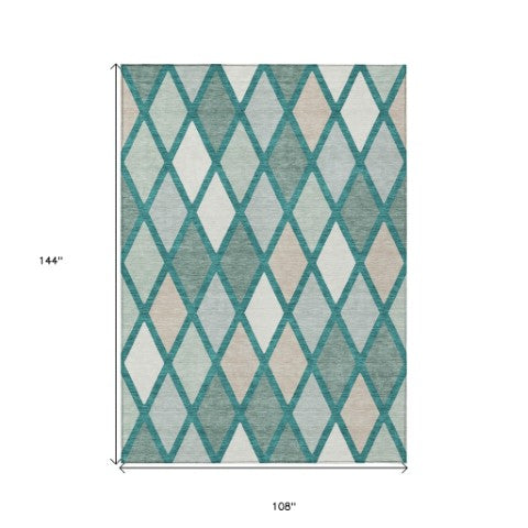 Homeroots 3' Stylish Artichoke Green Beige Ivory Geometric Washable Area Rug For Indoor And Outdoor Use 9' X 12' Polyester 592345