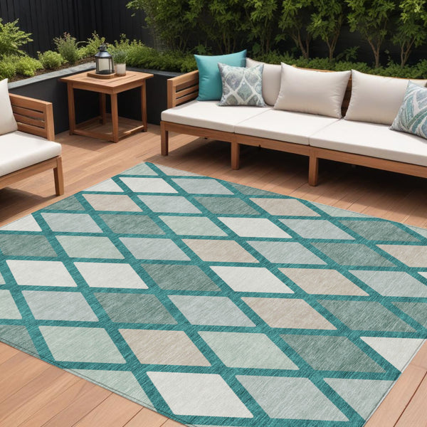 Homeroots 3' Stylish Artichoke Green Beige Ivory Geometric Washable Area Rug For Indoor And Outdoor Use 9' X 12' Polyester 592345