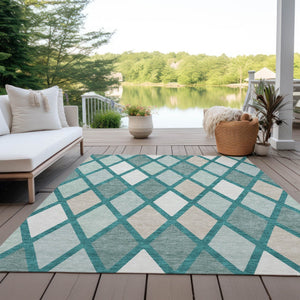 Homeroots 3' Stylish Artichoke Green Beige Ivory Geometric Washable Area Rug For Indoor And Outdoor Use 9' X 12' Polyester 592345