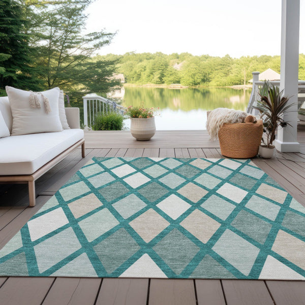 Homeroots 3' Stylish Artichoke Green Beige Ivory Geometric Washable Area Rug For Indoor And Outdoor Use 9' X 12' Polyester 592345