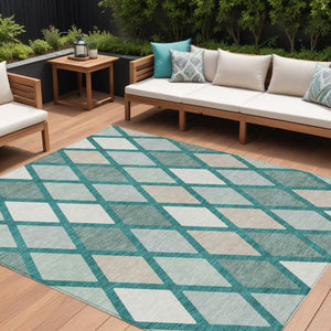 Homeroots 3' Stylish Artichoke Green Beige Ivory Geometric Washable Area Rug For Indoor And Outdoor Use 10' X 14' Polyester 592346