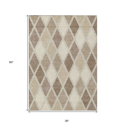 Homeroots 3' Stylish Artichoke Green Beige Ivory Geometric Washable Area Rug For Indoor And Outdoor Use 3' X 5' Polyester 592347