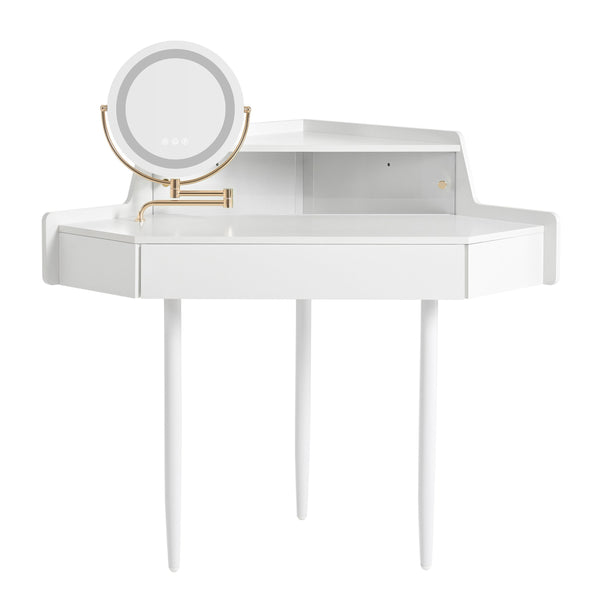 English Elm Modern Corner Makeup Vanity Desk with 360° Rotating LED Mirror, Drawer, Cabinet & Cushioned Stool N844P263664A