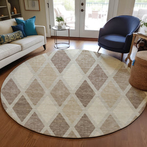 Homeroots 3' Stylish Artichoke Green Beige Ivory Geometric Washable Area Rug For Indoor And Outdoor Use 8' Round Polyester 592349