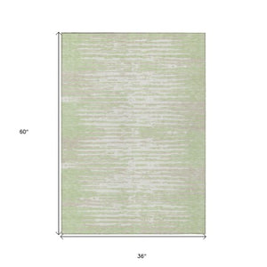 Homeroots 3' Artichoke Green And Ivory Striped Washable Area Rug For Indoor And Outdoor Spaces, Durable Design 3' X 5' Polyester 592353