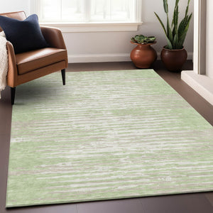 Homeroots 3' Artichoke Green And Ivory Striped Washable Area Rug For Indoor And Outdoor Spaces, Durable Design 3' X 5' Polyester 592353