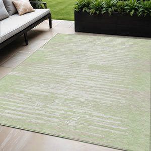 Homeroots 3' Artichoke Green And Ivory Striped Washable Area Rug For Indoor And Outdoor Spaces, Durable Design 5' X 8' Polyester 592354