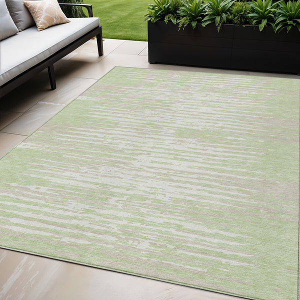 Homeroots 3' Artichoke Green And Ivory Striped Washable Area Rug For Indoor And Outdoor Spaces, Durable Design 5' X 8' Polyester 592354