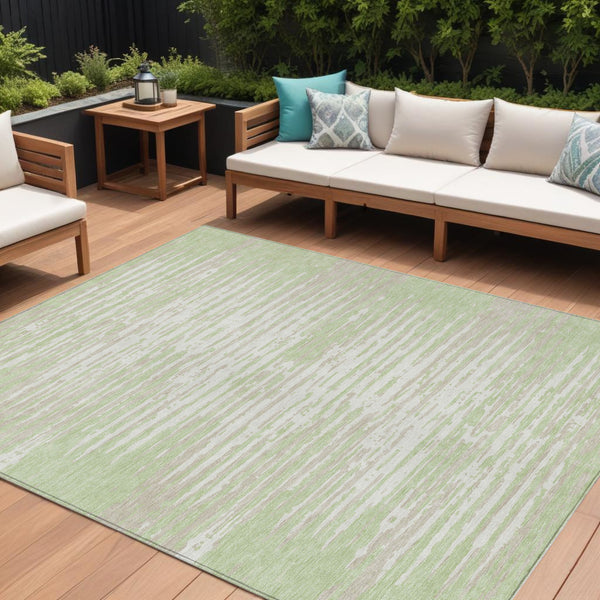 Homeroots 3' Artichoke Green And Ivory Striped Washable Area Rug For Indoor And Outdoor Spaces, Durable Design 9' X 12' Polyester 592357