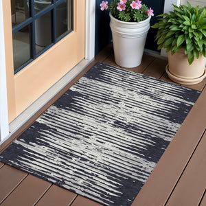 Homeroots 3' Artichoke Green And Ivory Striped Washable Area Rug For Indoor And Outdoor Spaces, Durable Design 3' X 5' Polyester 592359