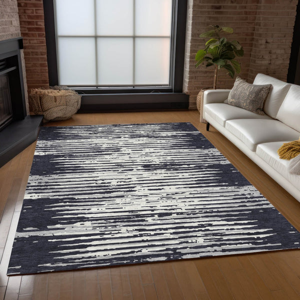 Homeroots 3' Artichoke Green And Ivory Striped Washable Area Rug For Indoor And Outdoor Spaces, Durable Design 5' X 8' Polyester 592360