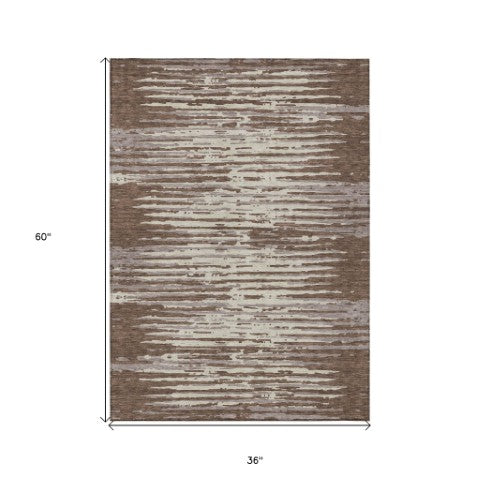 Homeroots 3' Artichoke Green And Ivory Striped Washable Area Rug For Indoor And Outdoor Spaces, Durable Design 3' X 5' Polyester 592365