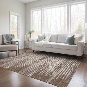 Homeroots 3' Artichoke Green And Ivory Striped Washable Area Rug For Indoor And Outdoor Spaces, Durable Design 5' X 8' Polyester 592366