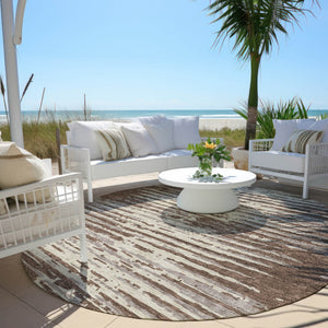 Homeroots 3' Artichoke Green And Ivory Striped Washable Area Rug For Indoor And Outdoor Spaces, Durable Design 8' Round Polyester 592367