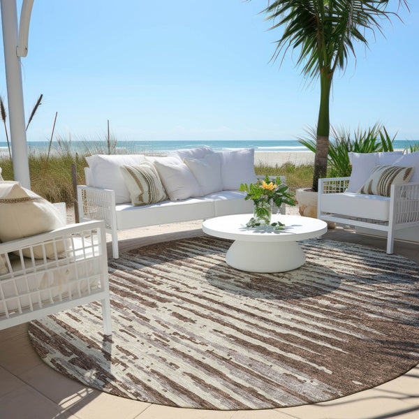 Homeroots 3' Artichoke Green And Ivory Striped Washable Area Rug For Indoor And Outdoor Spaces, Durable Design 8' Round Polyester 592367