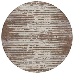 HomeRoots 5' Washable Indoor Outdoor Area Rug in Classic Striped Brown Beige Ivory Design for Versatile Décor 8' Round 592367