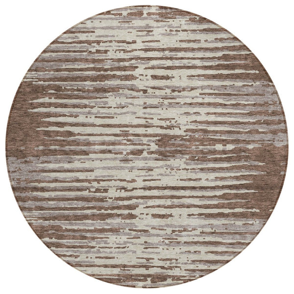 HomeRoots 5' Washable Indoor Outdoor Area Rug in Classic Striped Brown Beige Ivory Design for Versatile Décor 8' Round 592367