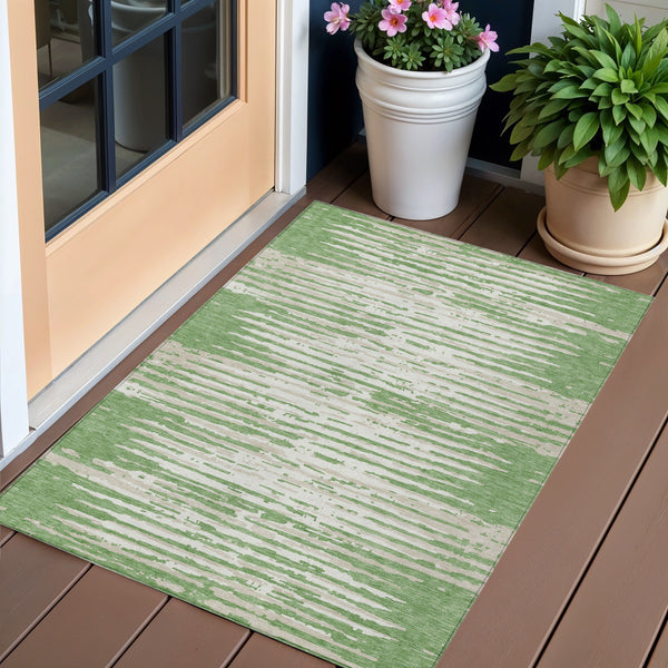 Homeroots 3' Artichoke Green And Ivory Striped Washable Area Rug For Indoor And Outdoor Spaces, Durable Design 3' X 5' Polyester 592377